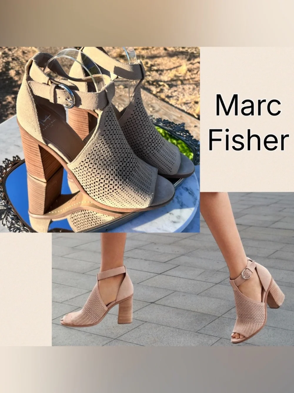 Marc Fisher Vixen Peep Toe City Sandal, 9.5, Tan Perforated Suede, 3.75” Heel - Picture 5 of 15